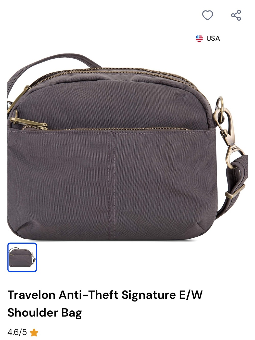 Travelon Gray Crossbody Shoulder Bag with Brass Accents